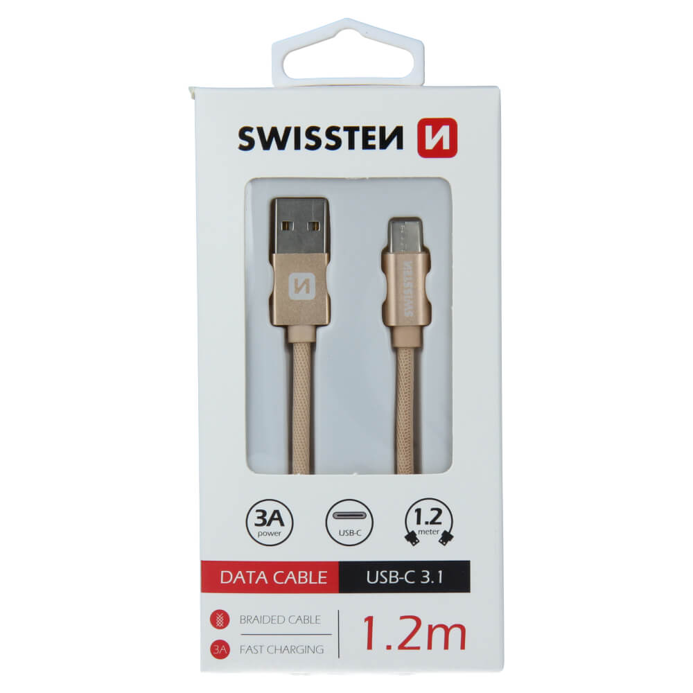 Textilný dátovy kábel Swissten USB / USB-C 1,2 M - zlatý